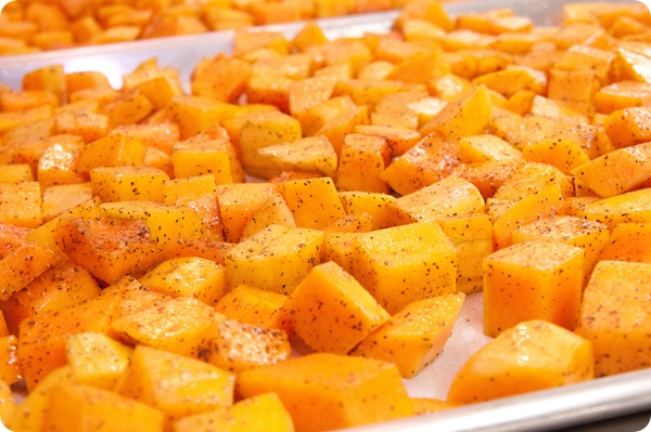 Seasoned and cubed butternut squash are ready for the oven at Nottingham Elementary School in Arlington, VA, on Wednesday, October 12, 2011. USDA Photo by Lance Cheung. 